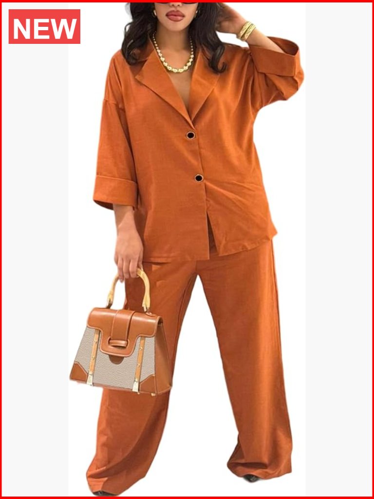 2 Piece Lounge Set - Button Down V Neck Top & Wide Leg Pants